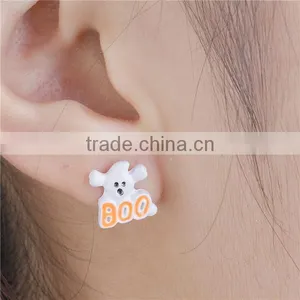 Ear Studs Earrings White & Orange Halloween Ghost Message Boo " Carved x 11mm thumbnail-3