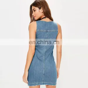 Office Wear Summer Casual Fashion Women Fitted Zip Through Denim Mini Dress thumbnail-3