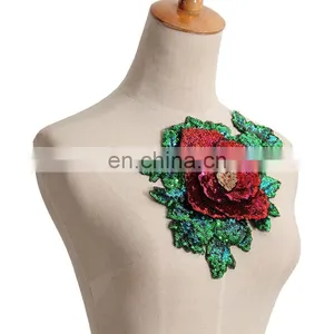 Fashion Red Rose Green Flower Sequined Patch Sew on Clothes thumbnail-2