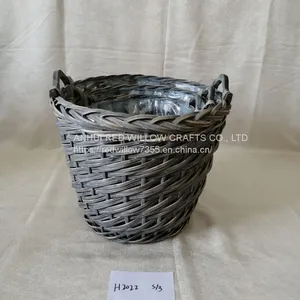 Small Round Shape Willow Wicker Storage Basket Round Flower Pot With Ear Handle thumbnail-1