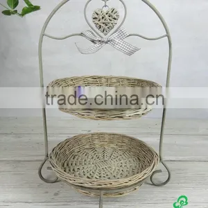 Two Tier Rustic Metal Stand With Wicker Plate and Wicker Heart and Ribbon Bow Decorated (46H-097) thumbnail-1