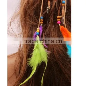 Women Girl Bohemian Boho Fashion Handmade Multicolor Feather and Gold Leaves Pendants Hairband thumbnail-4