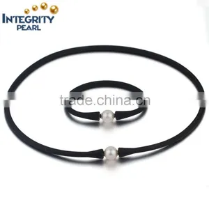 10mm AAA White Elestic Leather Round Real Culture Pearl Jewelry Set thumbnail-1