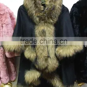 Luxury Design Lady's Cashmere and Raccoon Fur Trim Cape thumbnail-1