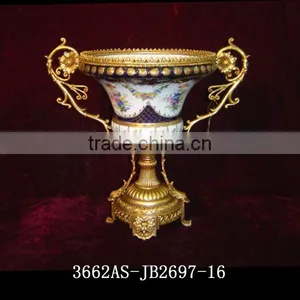 Floral Design Ceramic Fruit Bowl With Gilt Copper Mounted and Base thumbnail-5