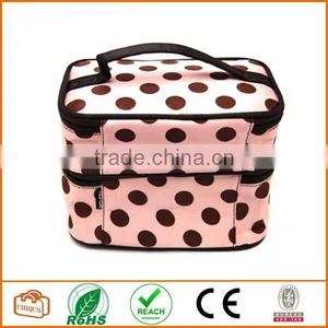 Double Layer Cosmetic Bag Pink With Coffee Dot Travel Toiletry Cosmetic Makeup Bag Organizer With Mirror thumbnail-2