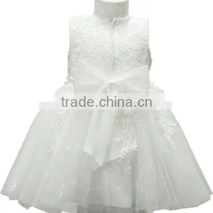 Modest Fashion Plain White Kids Fancy Girls With Bowknot Lace Dress thumbnail-2