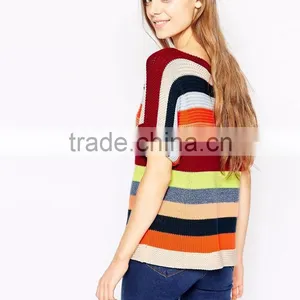 Cheap Price Rainbow Multi-color Colorful Sweater Slim Fit Casual Crew Neck Knit Top In Stripe Half Sleeves For Ladies thumbnail-2