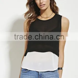 2016 Guangzhou Shandao Oem Service Summer New Design Chiffon Sleeveless Fashion Lady Black and White Tank Top in Bulk thumbnail-4