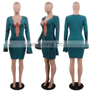Women Bodycon Dress Long Sleeve Autumn New Arrival Long Sleeve Pit Stripe Solid Color Lace Up Women Dress thumbnail-3