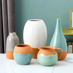 Multicolor Crackle Retro Green White Grey And Orange Ceramic Vase For Hotel Home thumbnail-1