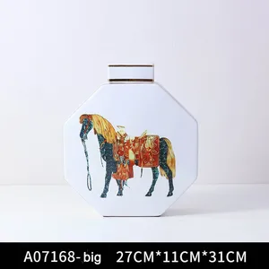 European Simple Style Hexagonal Cylinder Horse Painting Ceramic Flower Vase With Square Lid For Home Decoraration thumbnail-4