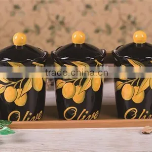 Olive Handpainted Ceramic Tea Coffee Sugar Canisters Set With Bamboo Stand thumbnail-1