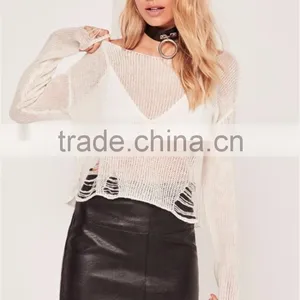 MGOO Newest Design Women Knitwear Sweater Drop Shoulder Loose Neck Distressed Ladder Jumper Cream thumbnail-3