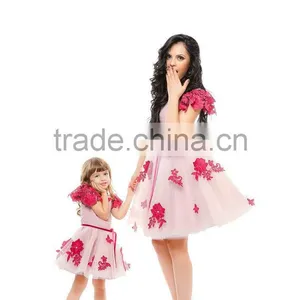 Latest 2016 Fuchsia Tulle Embroidered Dress Mother and Daughter Sets Family Matching Outfit Mommy and me Dress Sets thumbnail-1