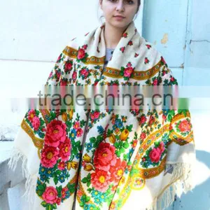 Vintage Wool Shawl, Russian Floral Scarf ,russian Shawl, Floral Scarf, Spring Shawl, Wedding Shawl, Natural White Shawl thumbnail-1