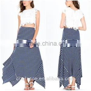 2015 Wholesale Fashion Design Women Stripe Long Skirt Asymmetrical High Waist Maxi Long Skirt for Women thumbnail-1