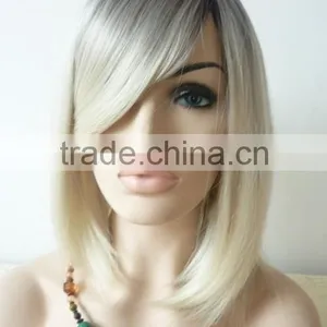 Most Popular Ombre Grey Medium Straight Lace Front Synthetic Bob Wig With Fringe thumbnail-1