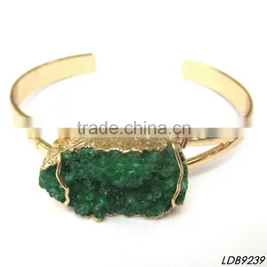 14K Gold Plated Agate Natural Druzy Stone Charm Bangle Bracelet Wholesale thumbnail-1