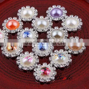2016 Top Fashion Flower Printed Rhinestone Around Pearl Button thumbnail-3