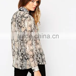 China Factory OEM ODM 2015 New Fashion Customized Contrast Tie Snake Print Blouse thumbnail-3
