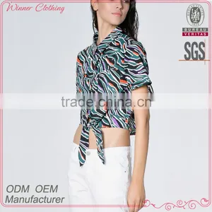 Custom OEM Service Women All Over Printed Swallow Tail Short Sleeve Lady Blouse & Top With Stand Collar thumbnail-1