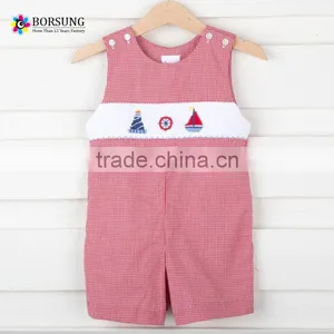 Baby Boy Wear Clothes Red Plald Sleeveless Boat Smocked Shorts Romper Set thumbnail-1