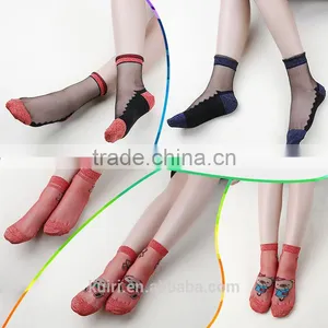 WS-45 Beautiful Women Lace Socks Crystal Glass Silk Short Thin Transparent Roses Flower Socks thumbnail-1