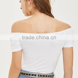 Drawstring Eyelet Ribbed Top Bardot Neckline off Shoulder Bodysuit thumbnail-5
