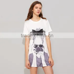 Printed Black Bow Dresses for 15-20 Years Girls Short Sleeve Tee Dress thumbnail-6