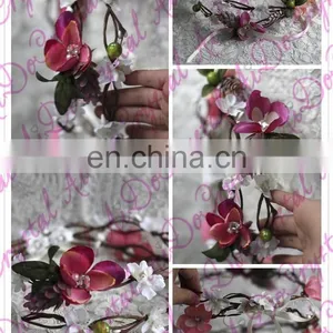 Aidocrystal Pink Goddess Flower Crown With Lace Bridal Wedding Party Hair Accessories thumbnail-3