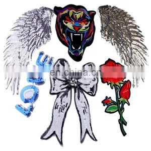 Big Size! Angel Wings Tiger Rose Flower Sequined Patches Embroidered Patch Sew On Women Motif Appliques thumbnail-1