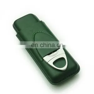 Handmade Portable High Quality 2piece Genuine Leather Custom Cigar Holder Case With Cutter Gift Set thumbnail-3