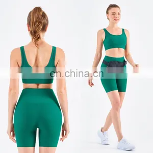 Athletic Ribbed Yoga Fitness Women Square Neckline Sports Bra Biker Shorts Set Gym thumbnail-2