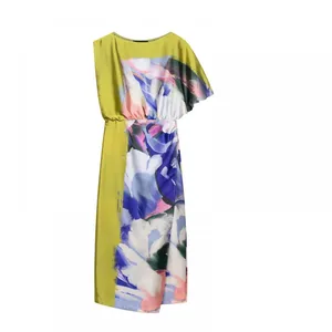 2025 European and American Spring New Style Round Neck One Sleeve Asymmetric Printed Dress for Women thumbnail-3