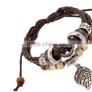 2016 Fashion Personalized Leaf Pendant Leather Bracelets, Vintage Handmade Charm Bracelets thumbnail-3