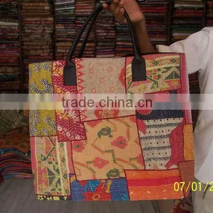 Vintage Kantha Sari Patchwork Designer Bags With Leather Handle thumbnail-1