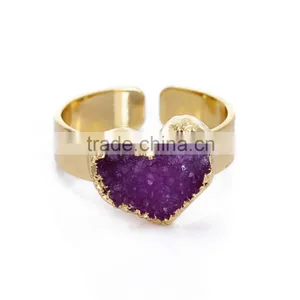 50pcs Heart Natural Raw Stone Ring Copper Encrusted Stone Purple Quartz Ring Jewellery Adjustable Rings 17.2*11.5mm thumbnail-1