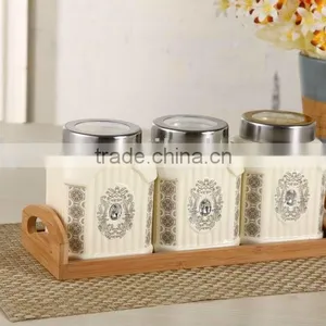 3pcs Ceramic Canister Set With Wooden Stand thumbnail-2