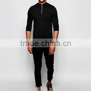 Black Plain Mens Long Sleeve T-Shirt Slim Fit 1/4 Zipper Tops Muscle Lightweight Jacket Quarter Zipper T Shirts thumbnail-4