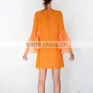 Flare Sleeve Fashionable Shift Dress for Women 2017 Orange Short Dresses thumbnail-3