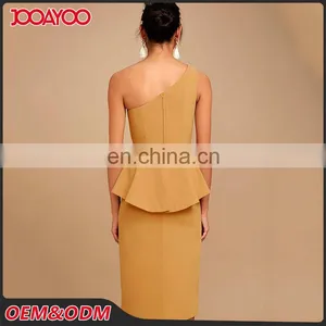 Fashion Tan One Shoulder Layered Ruffled Midi Dress Elegant Woman Dress thumbnail-3