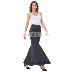 Belle Poque Women Vintage Retro Victorian Style Ruffled Jacquard Fishtail Mermaid Black Long Maxi Skirt BP000204-1 thumbnail-3