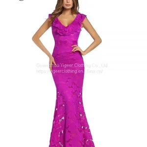 Ruffled V-neck High Waist Sheath Lace Mermaid Dress thumbnail-5