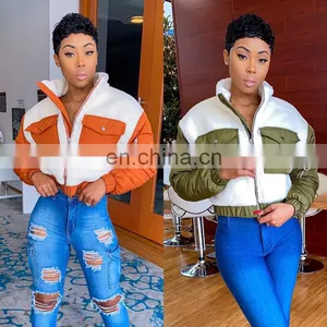 Stand Collar Long Sleeve Fleece Cropped Jackets Autumn Winter Zipper Pockets Plush Soft Coat Casual Color Block Furry Outerwear thumbnail-6