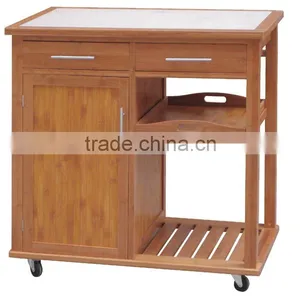 Bamboo Cabinet Kitchen Cart With Tile Top thumbnail-1