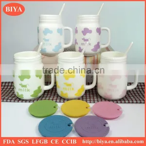 Milk Mug for Kid Breakfast Mug With Silicone Lid and Ceramic Spoon for Wholesale With Logo Decal Print and Handle thumbnail-3