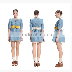 2015 Fashion High Quality Latest Designs Woman Half Sleeve Denim Halter Dress /denim and Lace Dress /prom Dress thumbnail-1