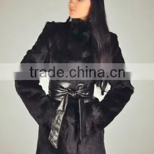 RBT13008 Rabbit Fur Coat With Leahter Belt thumbnail-1