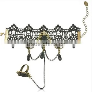 Fashion Gothic Black Cameo Lace Flower Chain Ring Set Vintage Jewelry Bracelet thumbnail-2